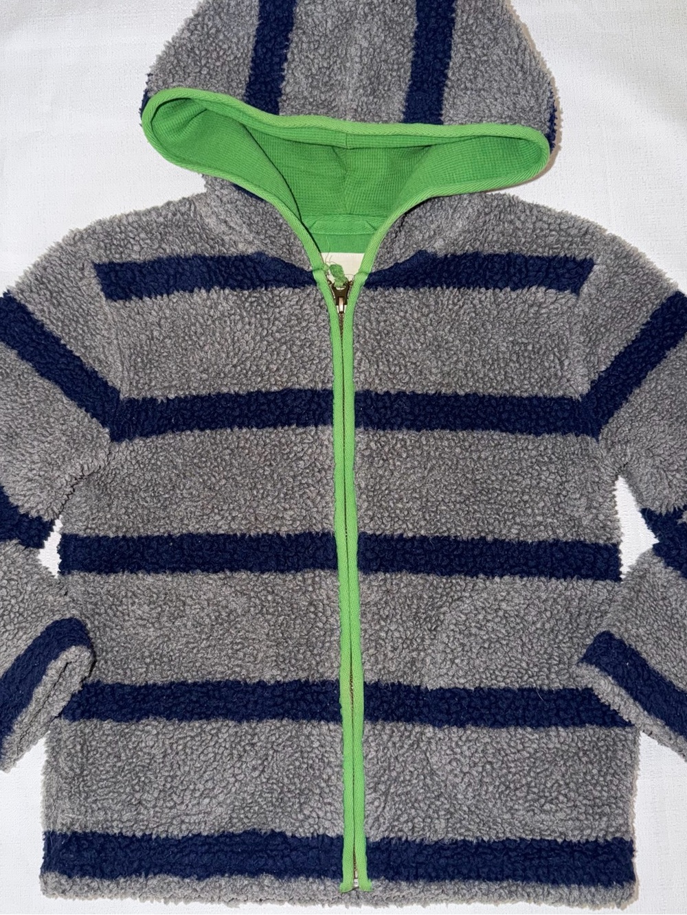 Mini Boden Gray & Navy Stripe Sherpa Hoodie with Green Trim